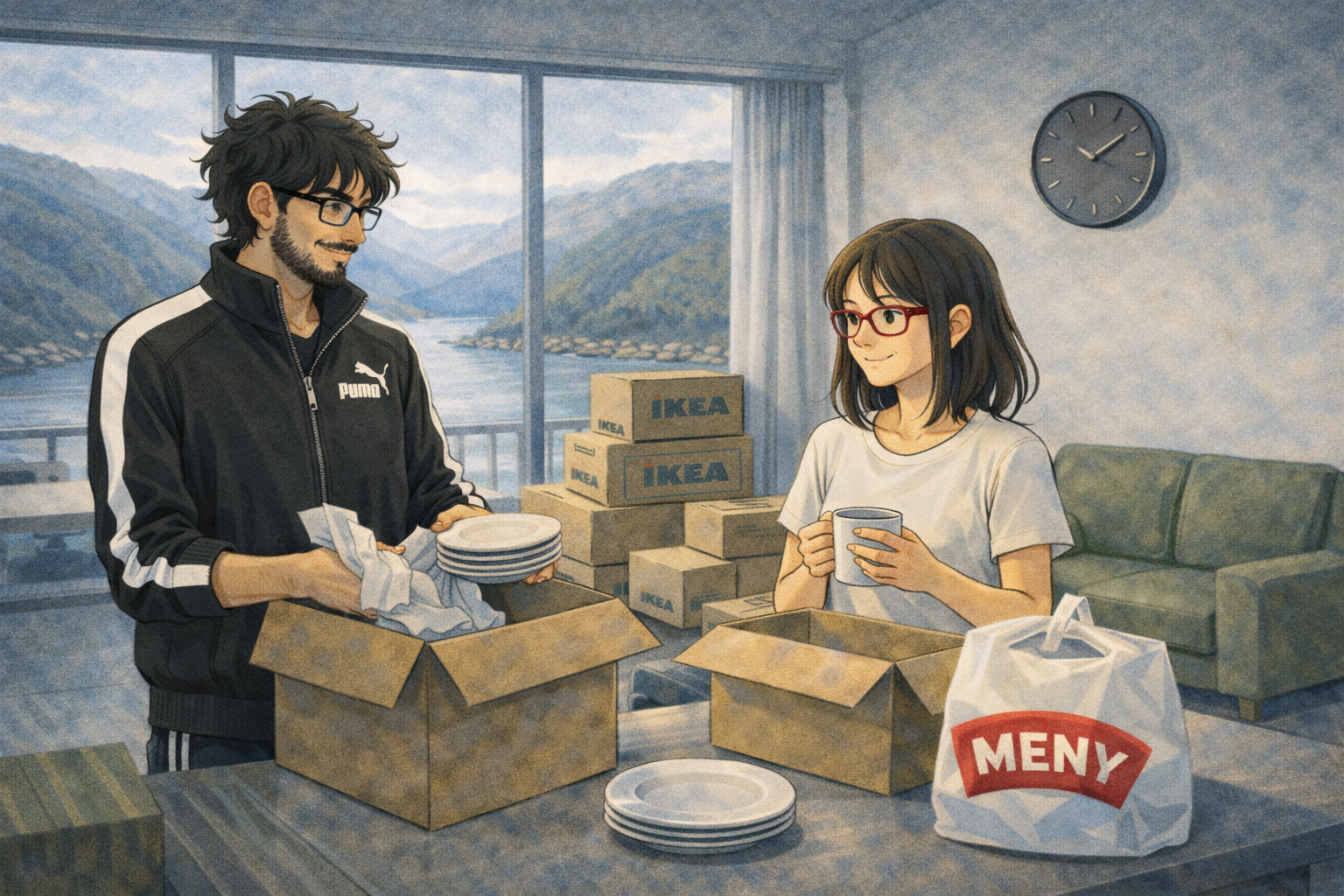 A modern apartment overlooking a Norwegian fjord — Faris and Mia unpacking boxes together. Beautiful but cold. Smiles that take effort.